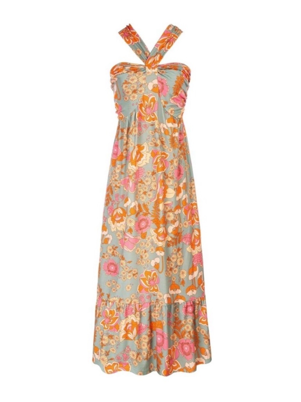 Cottagecore Floral Halter Maxi Dress with Bohemian Pink & Orange Bloom Accents